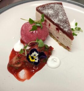 Dessert with cheesecake, sorbet and meringues
